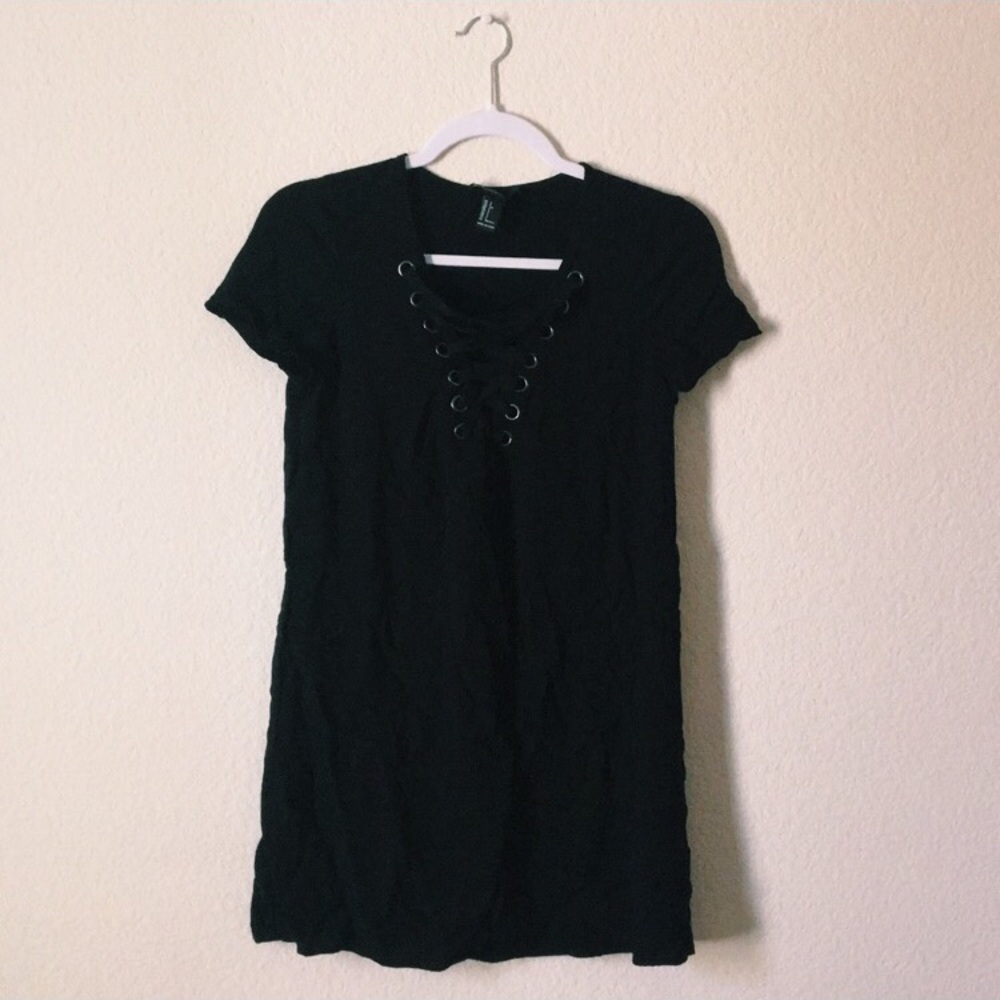 Lace up black tshirt dress